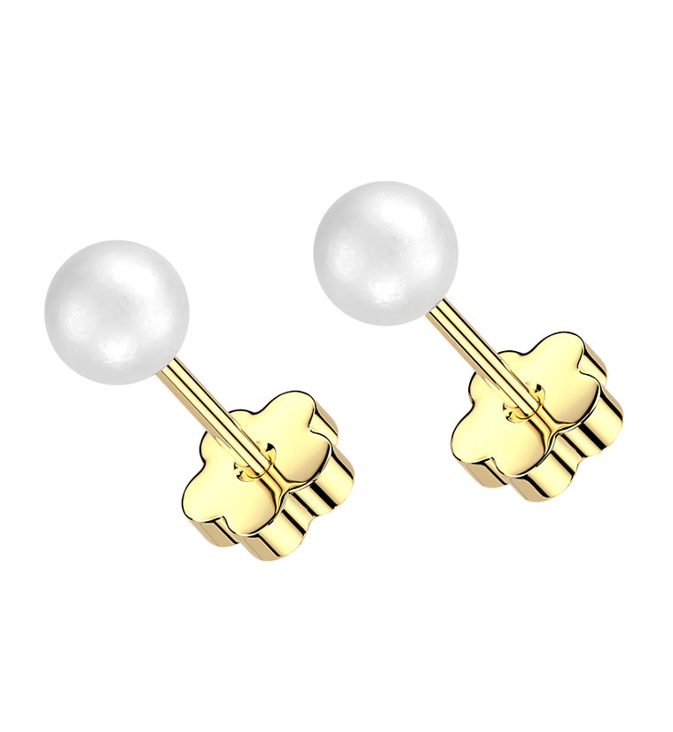 Gold PVD Pearl Stainless Steel Flower Back Stud Earrings