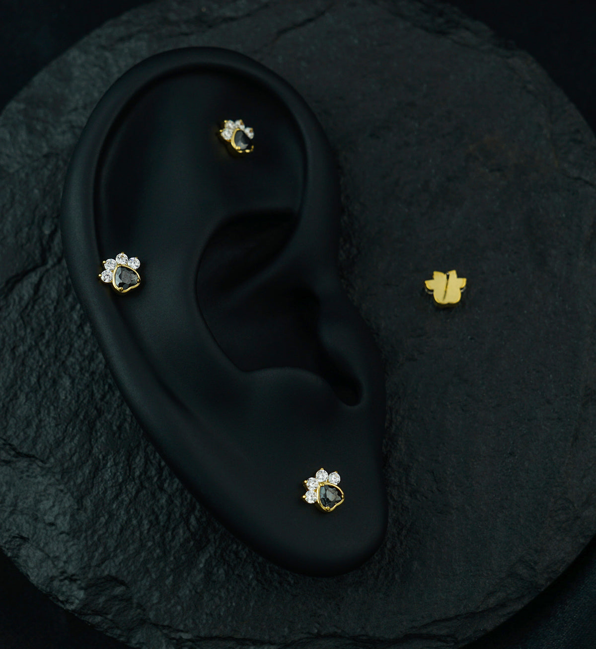 Gold PVD Pet Paw Clear And Black CZ Threadless Titanium Top