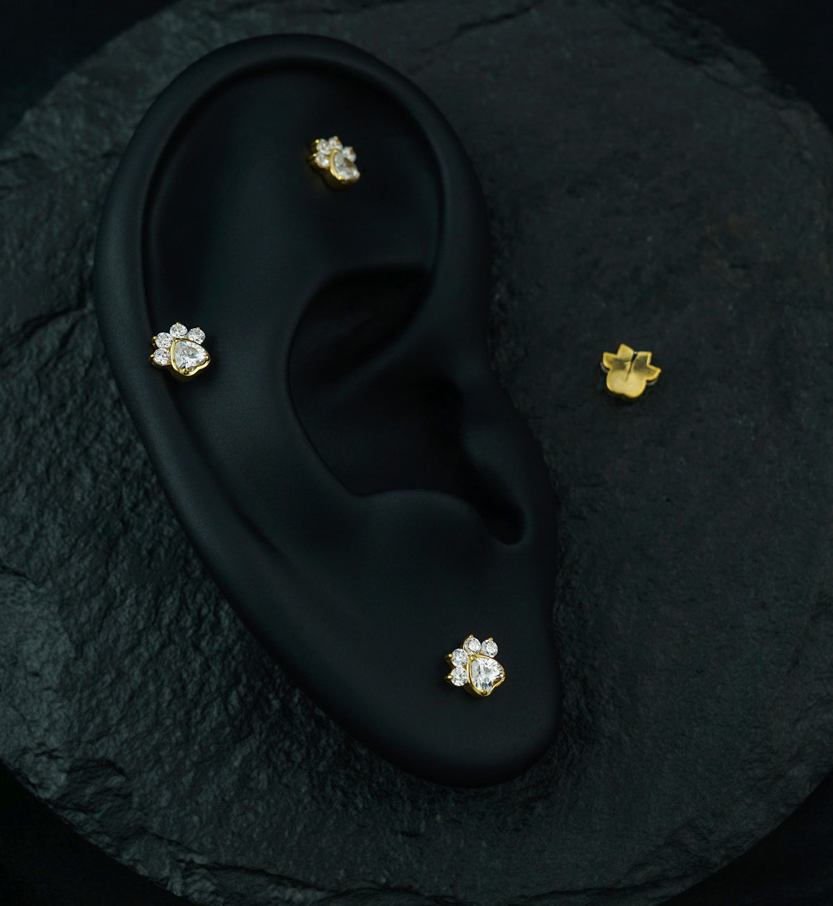 Gold PVD Pet Paw Clear CZ Threadless Titanium Top