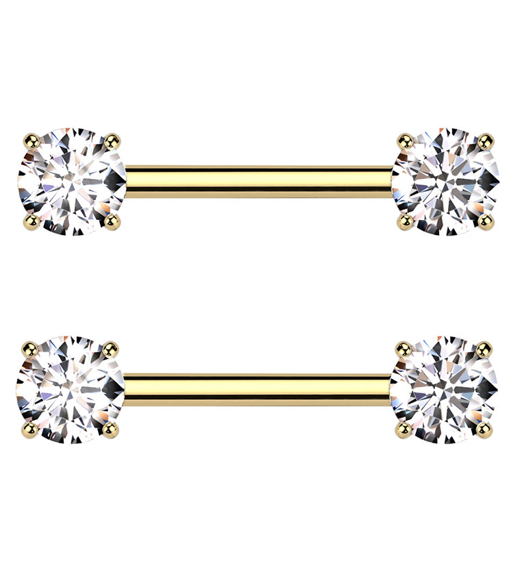 Gold PVD Prong Clear CZ Threadless Titanium Nipple Barbells