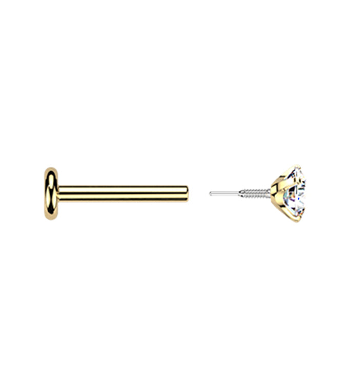 Gold PVD Prong CZ Long Thread Internally Threaded Titanium Labret