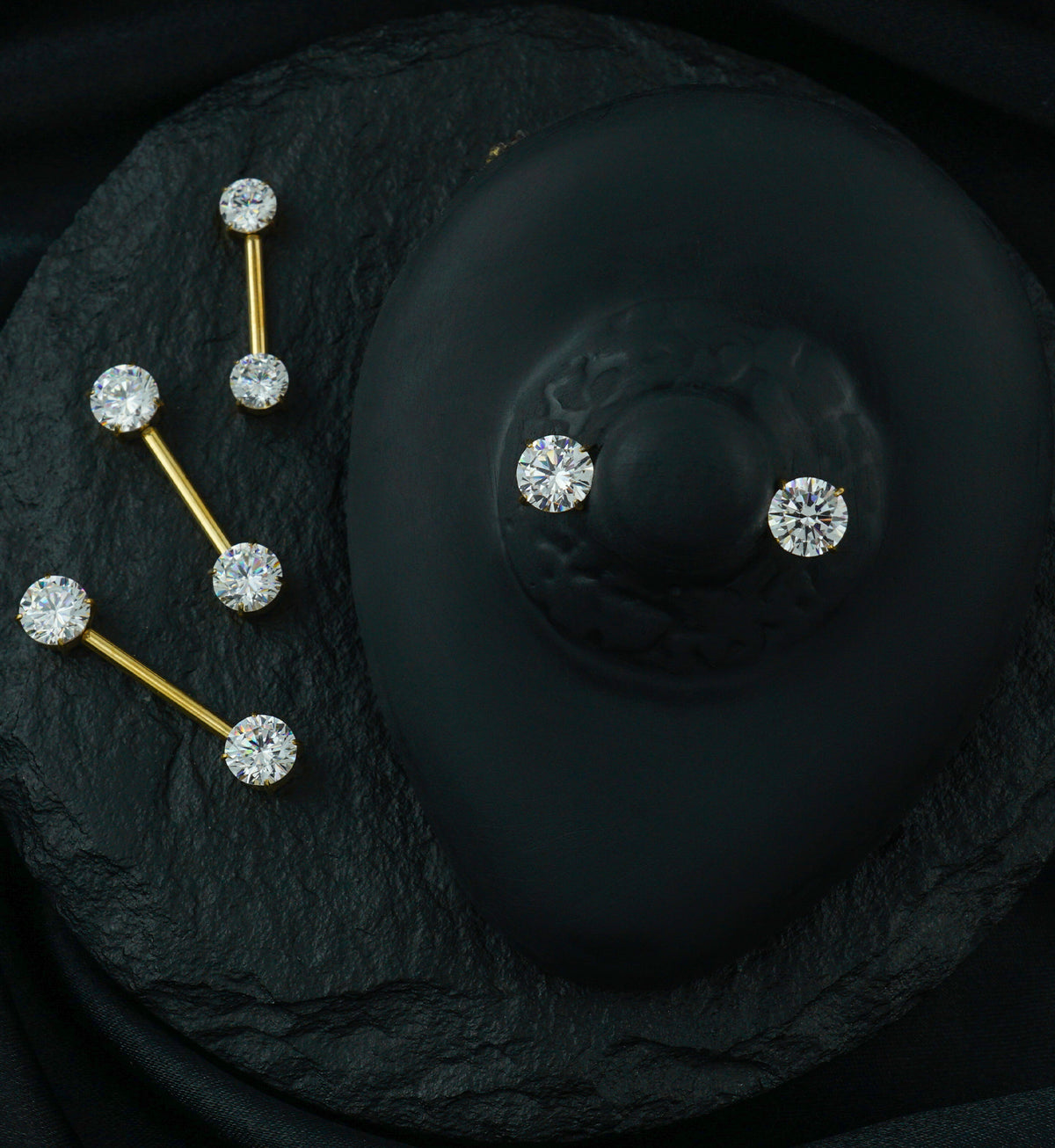 Gold PVD Prong Double Clear CZ Internally Threaded Titanium Nipple Barbell