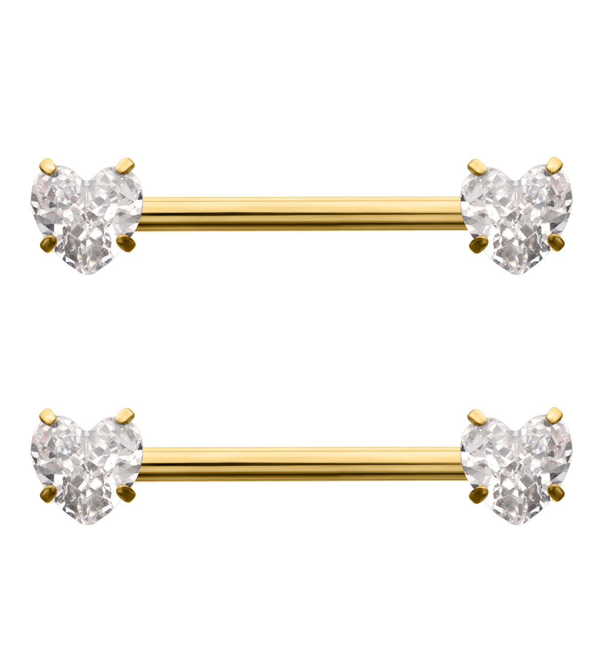 Gold PVD Prong Heart Clear CZ Internally Threaded Titanium Nipple Barbell