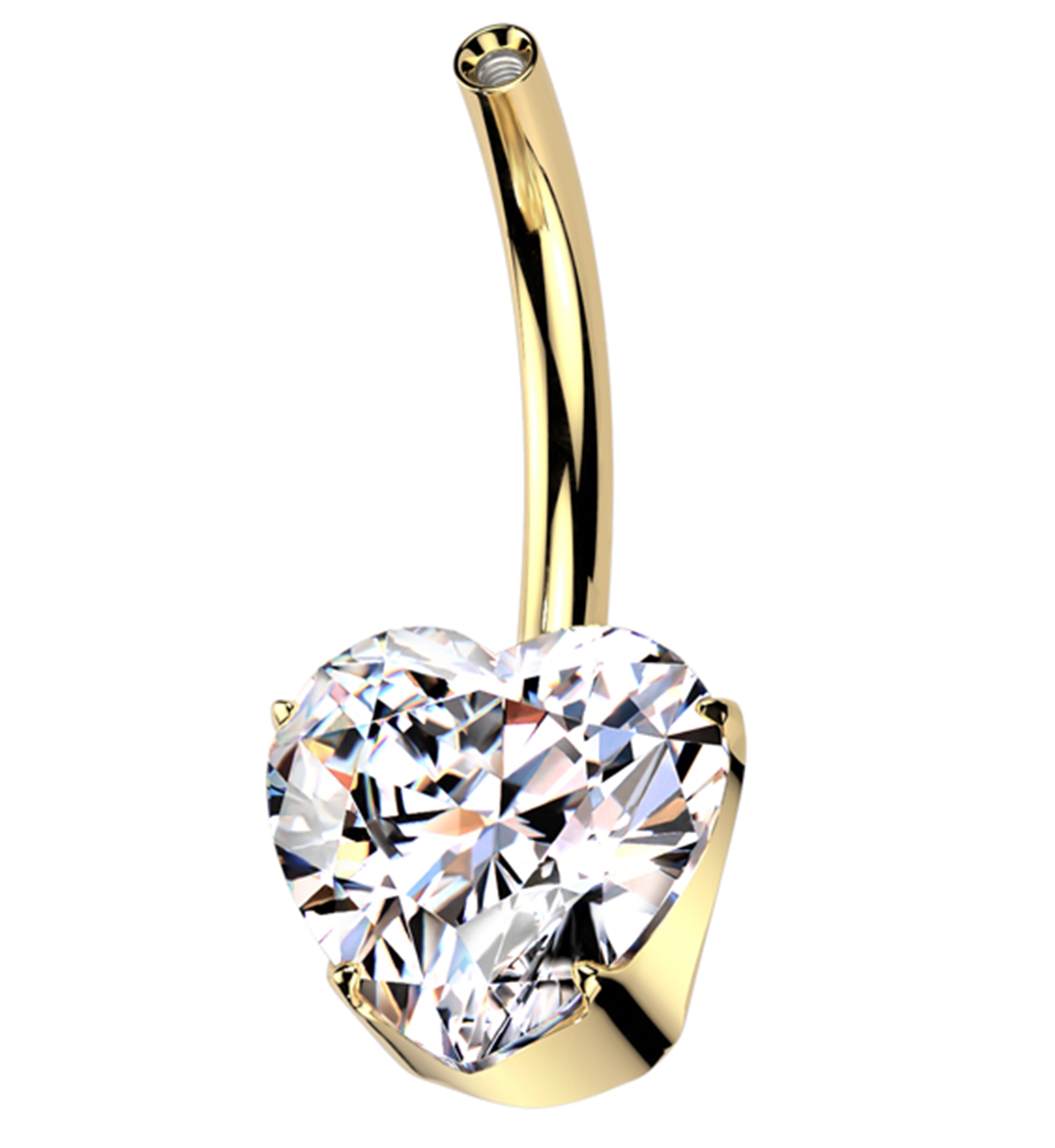 Gold PVD Prong Heart Clear CZ Titanium Internally Threaded Belly Button Ring (No Top)