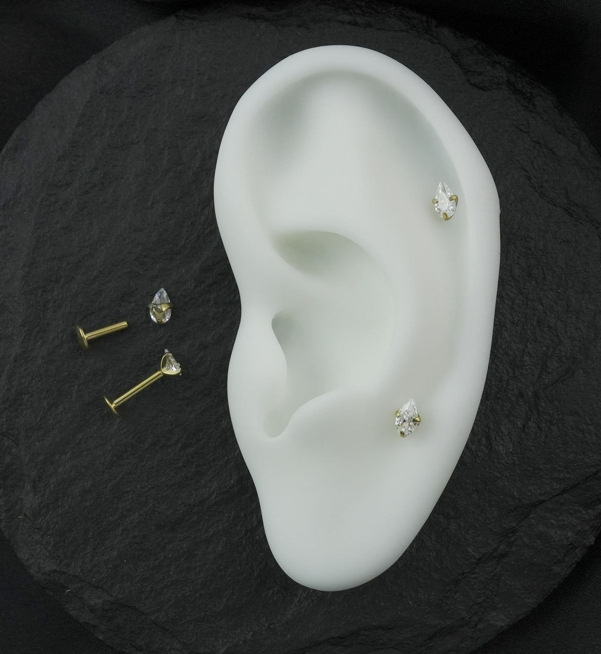 Gold PVD Prong Teardrop Clear CZ Internally Threaded Titanium Convex Back Labret