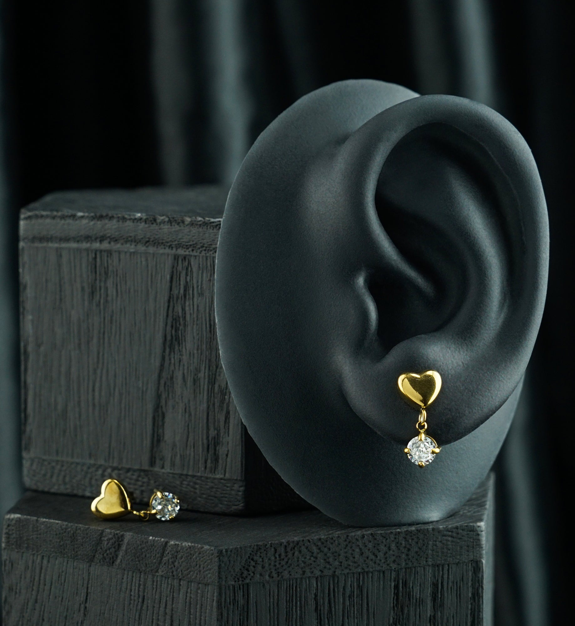 Gold PVD Puff Heart CZ Dangle Stainless Steel Stud Earrings