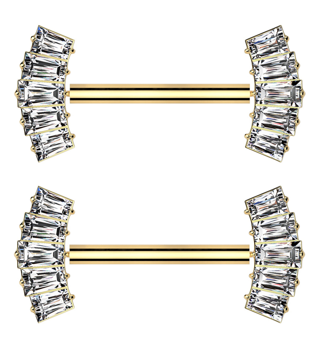 Gold PVD Quinary Baguette CZ Threadless Titanium Nipple Barbell