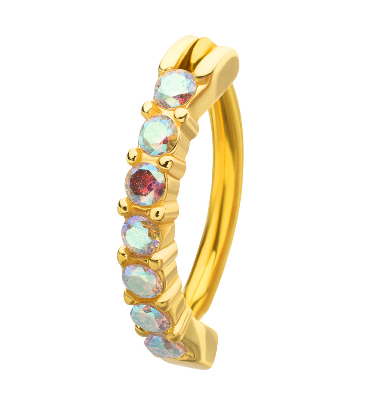 Gold PVD Rainbow Aurora Prong CZ Stainless Steel Hinged Belly Button Ring