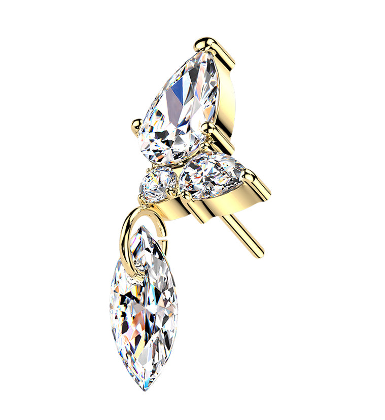 Gold PVD Razorleaf CZ Dangle Titanium Threadless Top