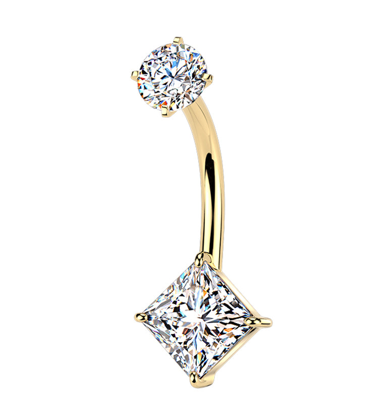 Gold PVD Rhombus CZ Stainless Steel Internally Threaded Belly Button Ring