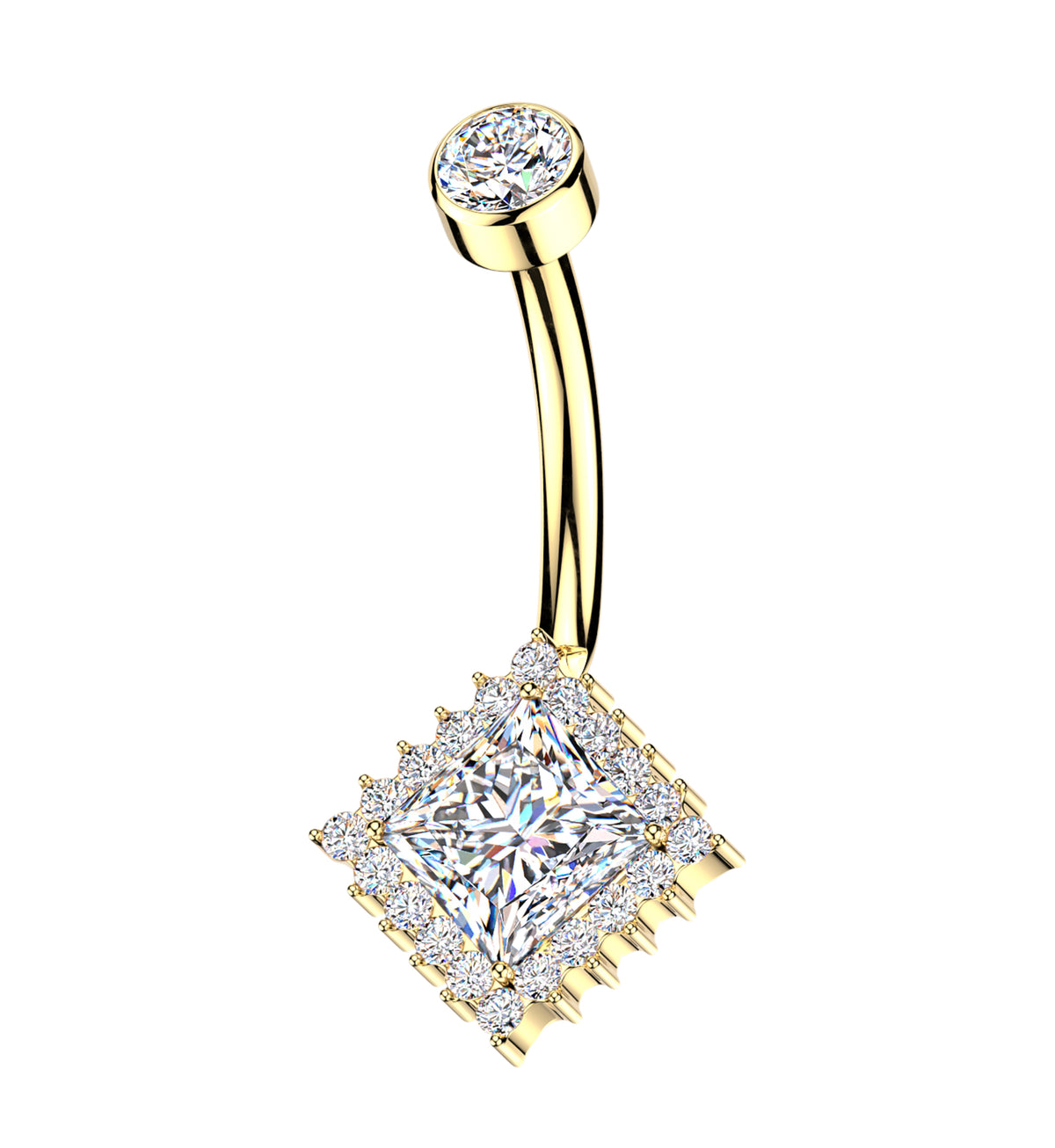 Gold PVD Rhombus Pave Edge CZ Titanium Internally Threaded Belly Button Ring