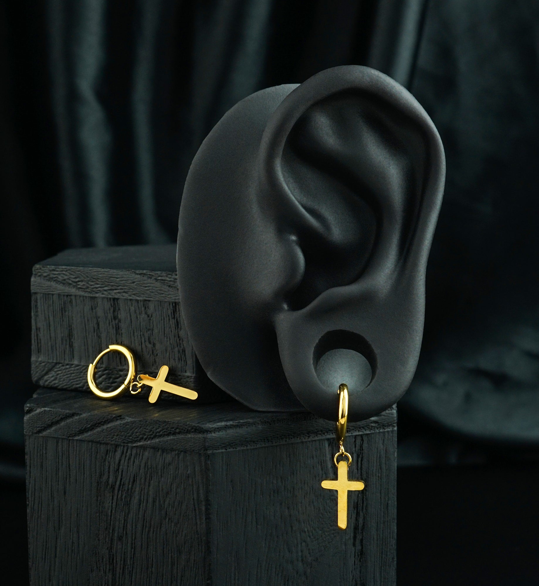 Gold PVD Rounded Cross Stainless Steel Hinged Hoop Huggie Dangle Earrings