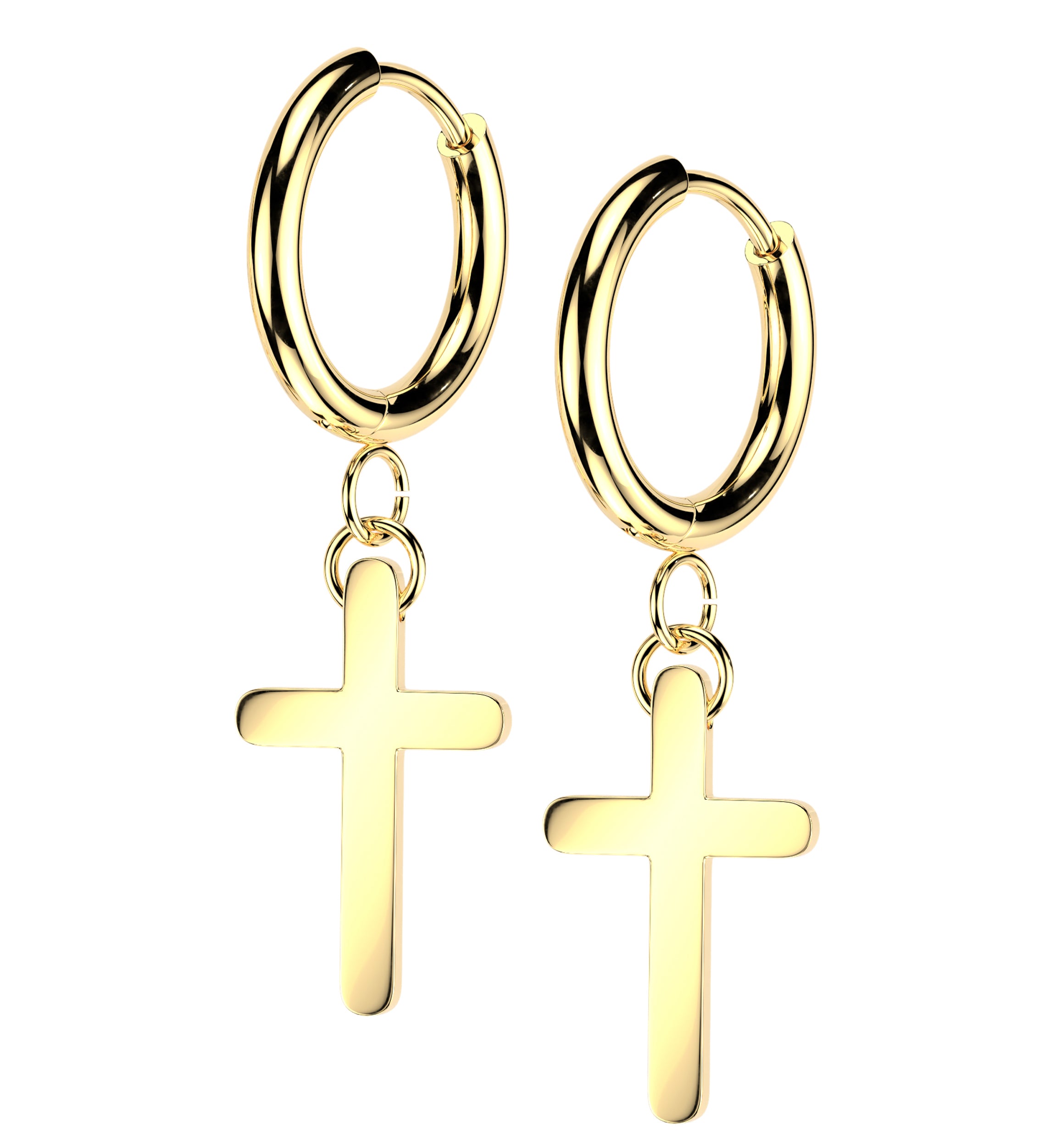 Gold PVD Rounded Cross Stainless Steel Hinged Hoop Huggie Dangle Earrings