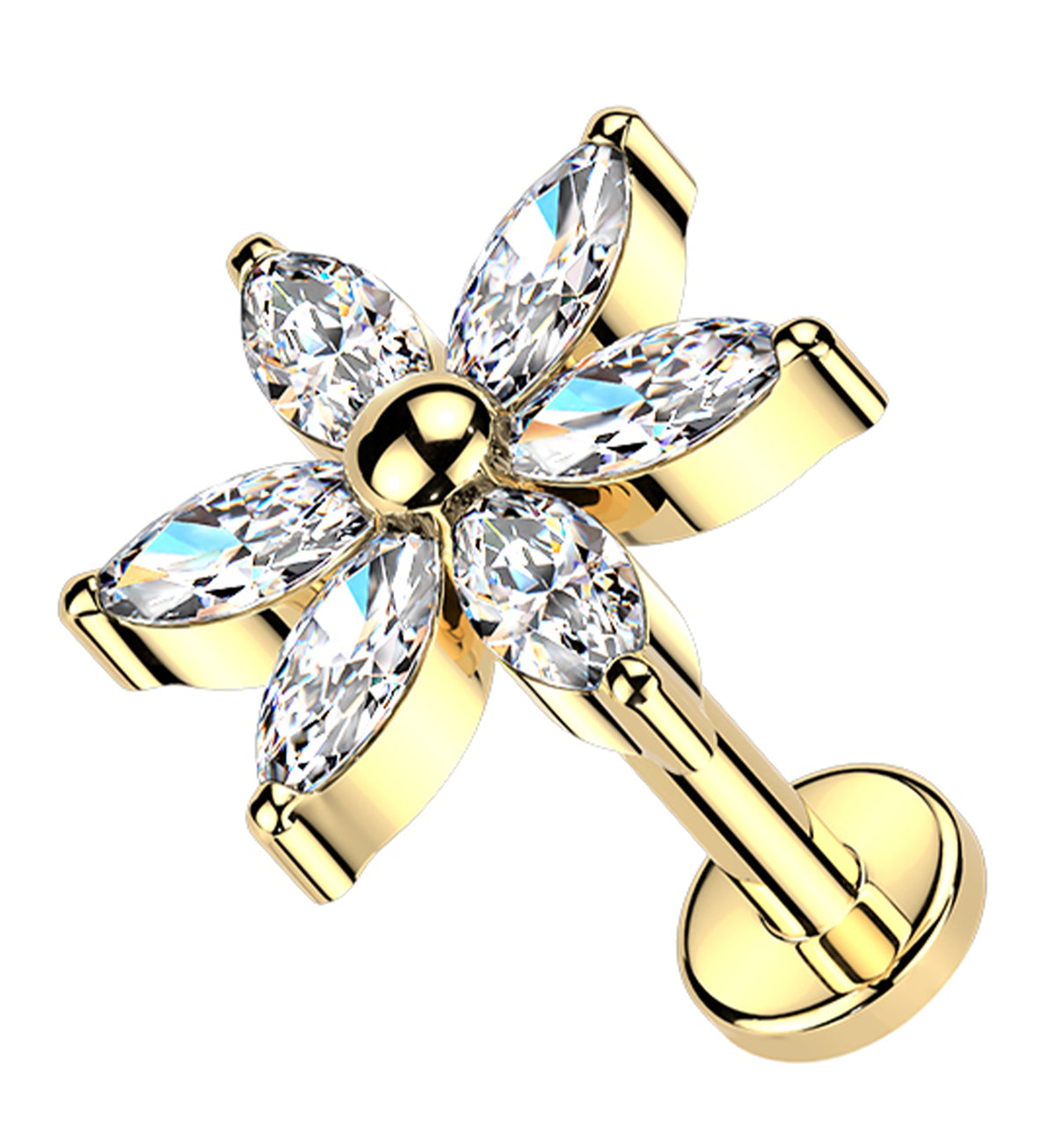 Gold PVD Senary Flower Clear CZ Threadless Titanium Labret