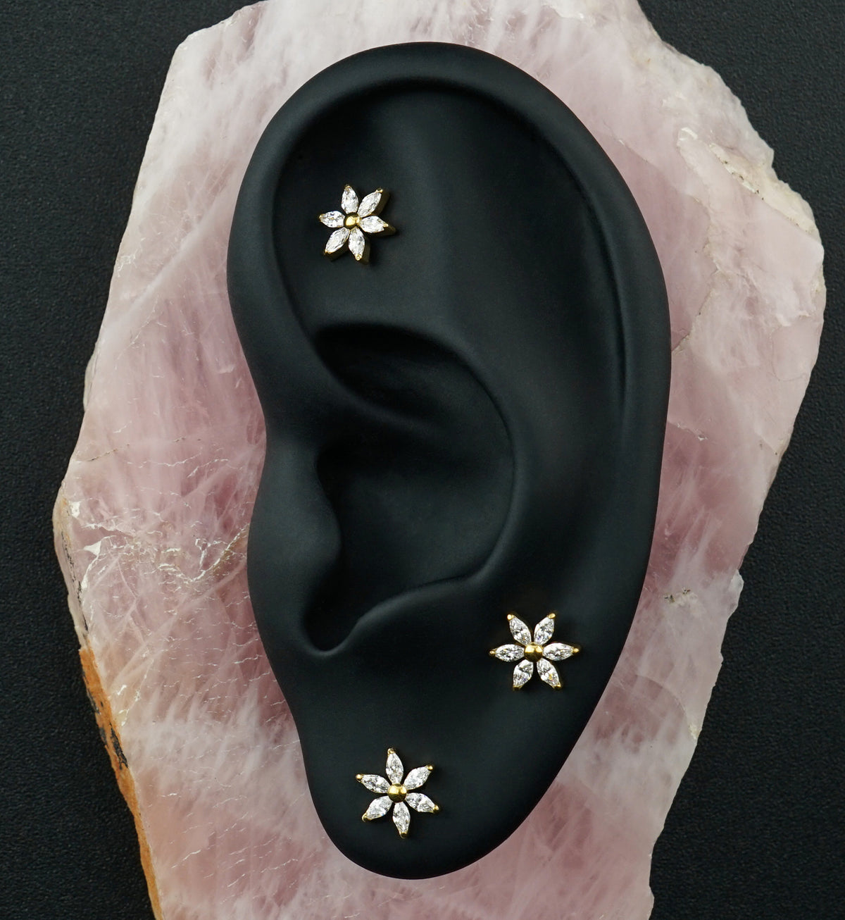 Gold PVD Senary Flower Clear CZ Titanium Internally Threaded Top