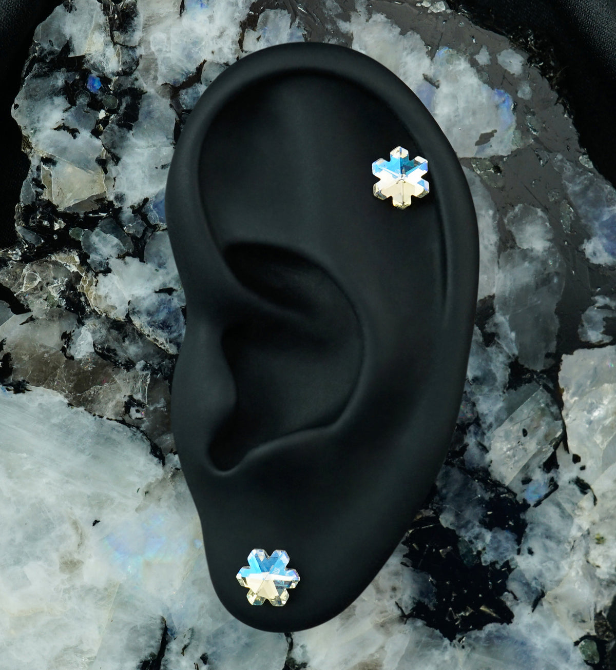 Gold PVD Snowflake Iridescent CZ Stainless Steel Flower Back Stud Earrings