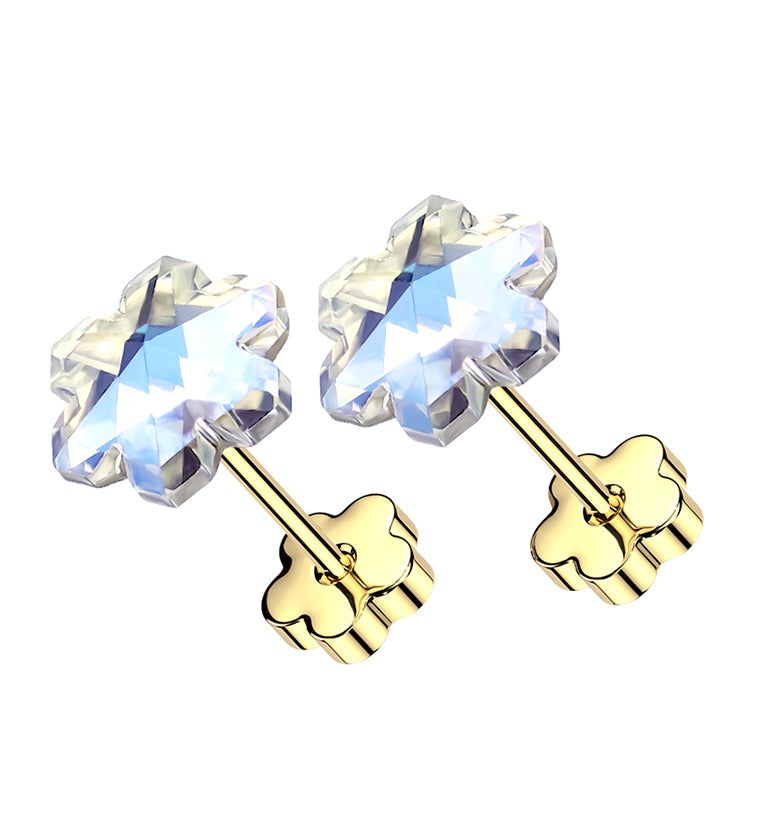 Gold PVD Snowflake Iridescent CZ Stainless Steel Flower Back Stud Earrings