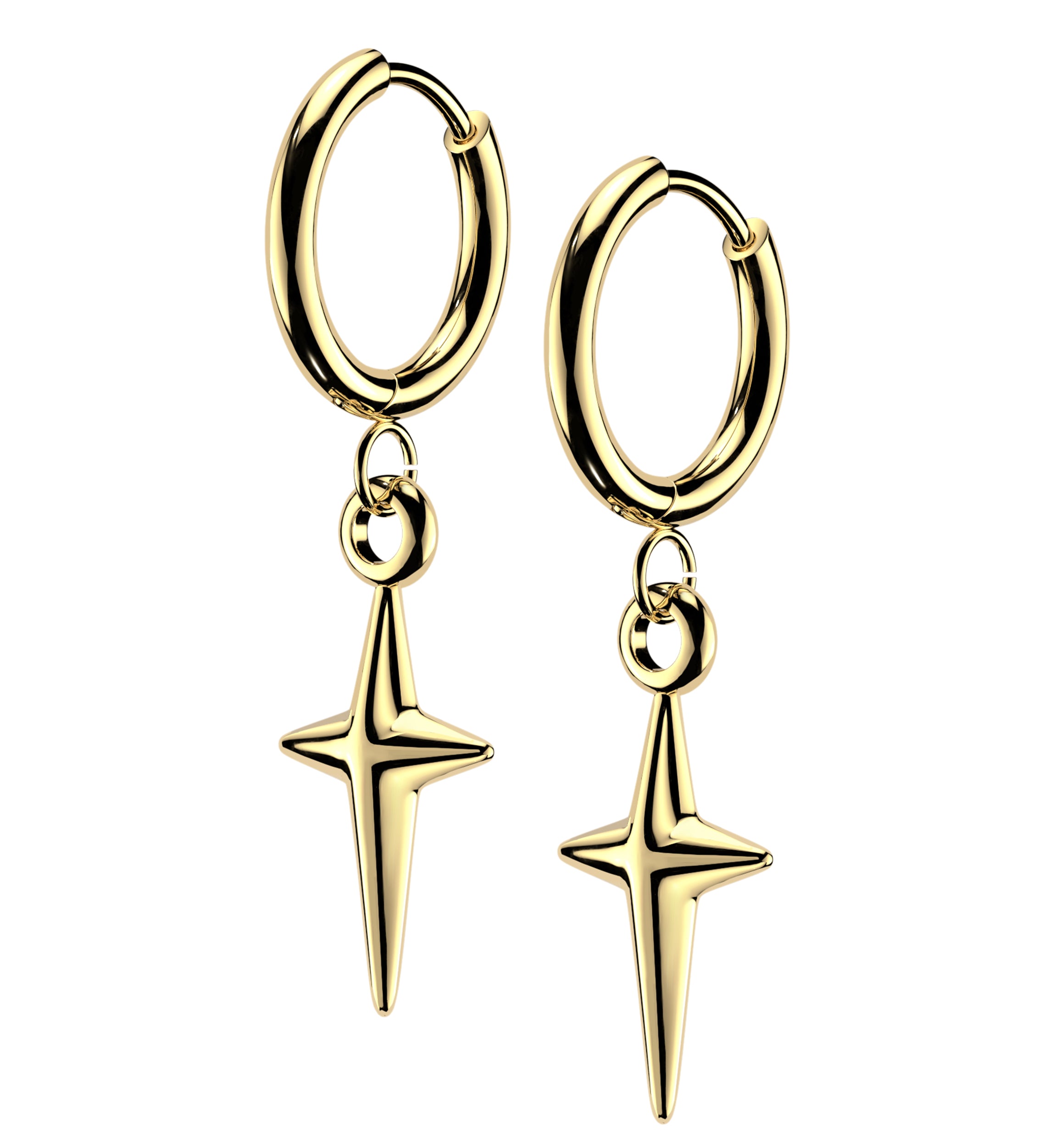 Gold PVD Solid Four Point Star Stainless Steel Hinged Earrings