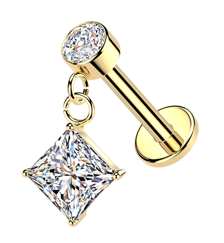 Gold PVD Square CZ Dangle Internally Threaded Stainless Steel Labret
