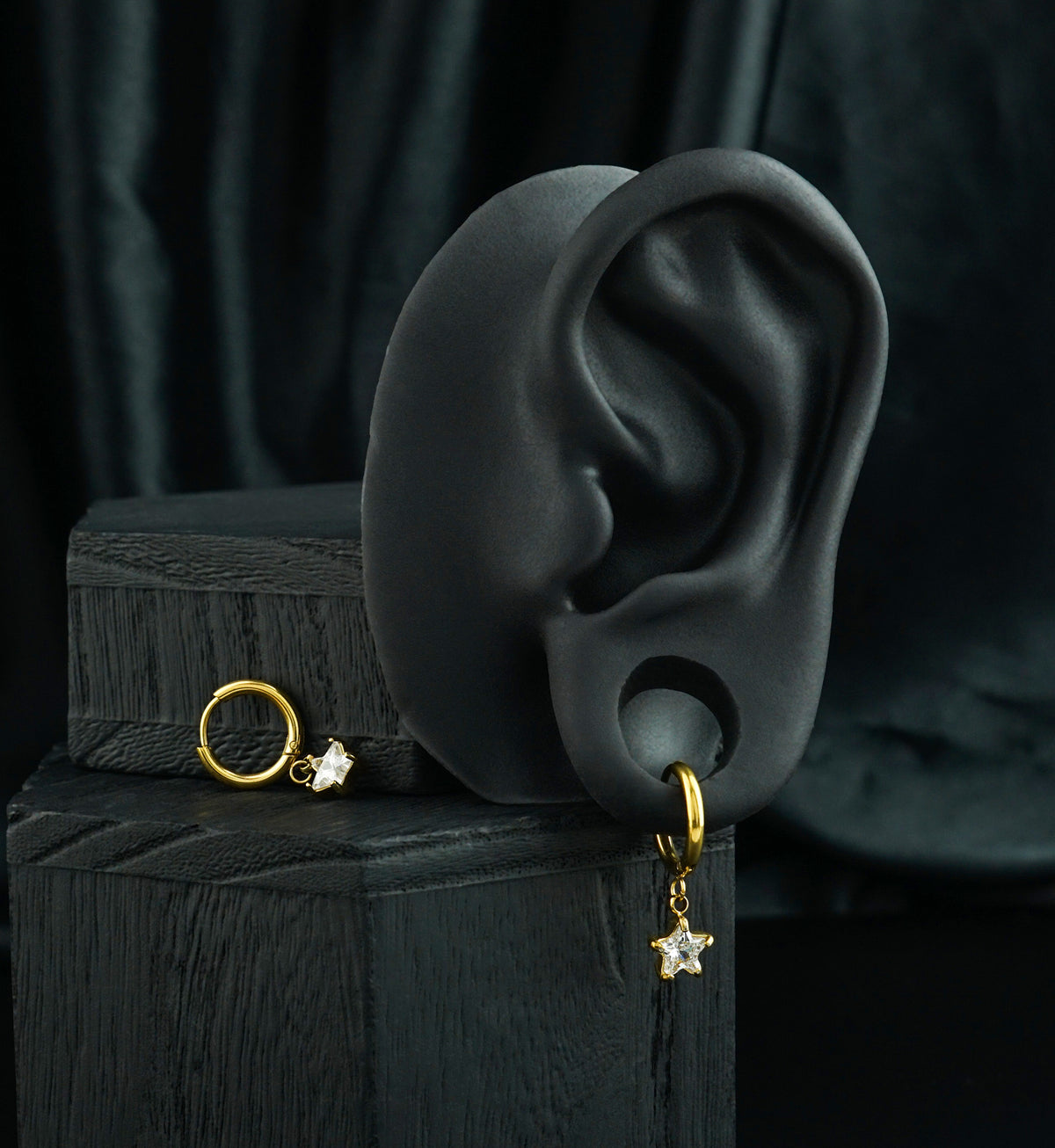 Gold PVD Star CZ Stainless Steel Hinged Hoop Huggie Dangle Earrings