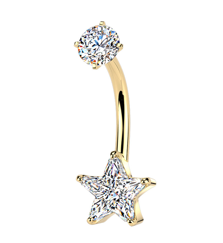 Gold PVD Star CZ Stainless Steel Internally Threaded Belly Button Ring