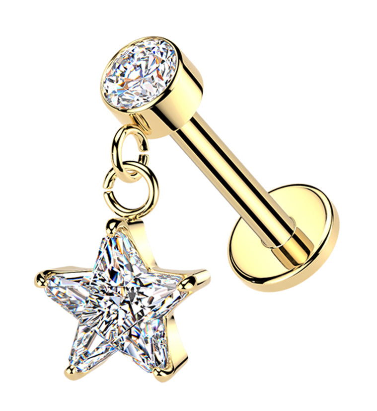 Gold PVD Star Prong CZ Dangle Internally Threaded Stainless Steel Labret