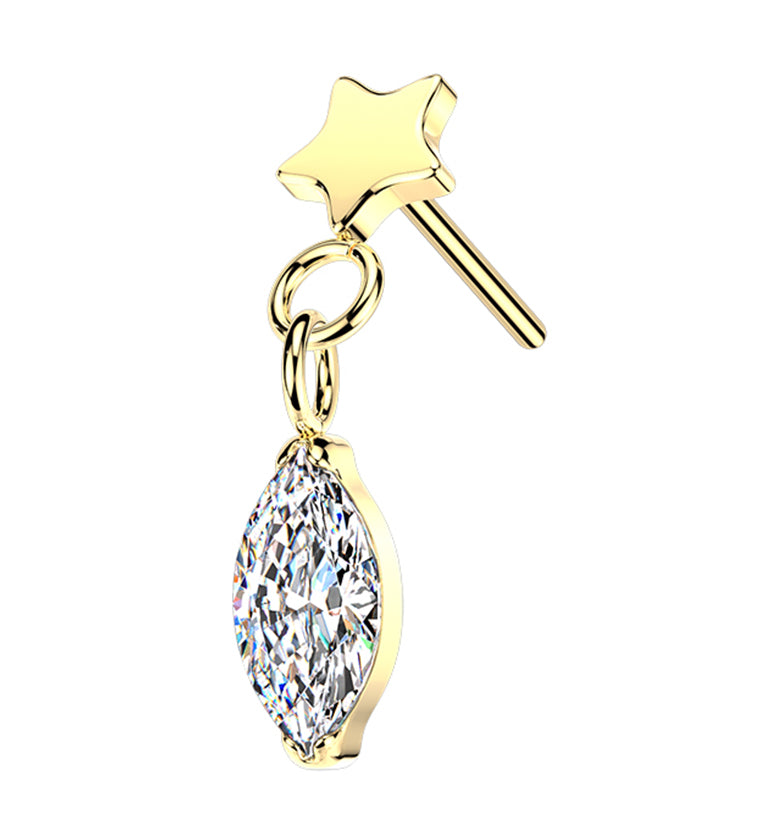 Gold PVD Star With Marquise CZ Dangle Titanium Threadless Top