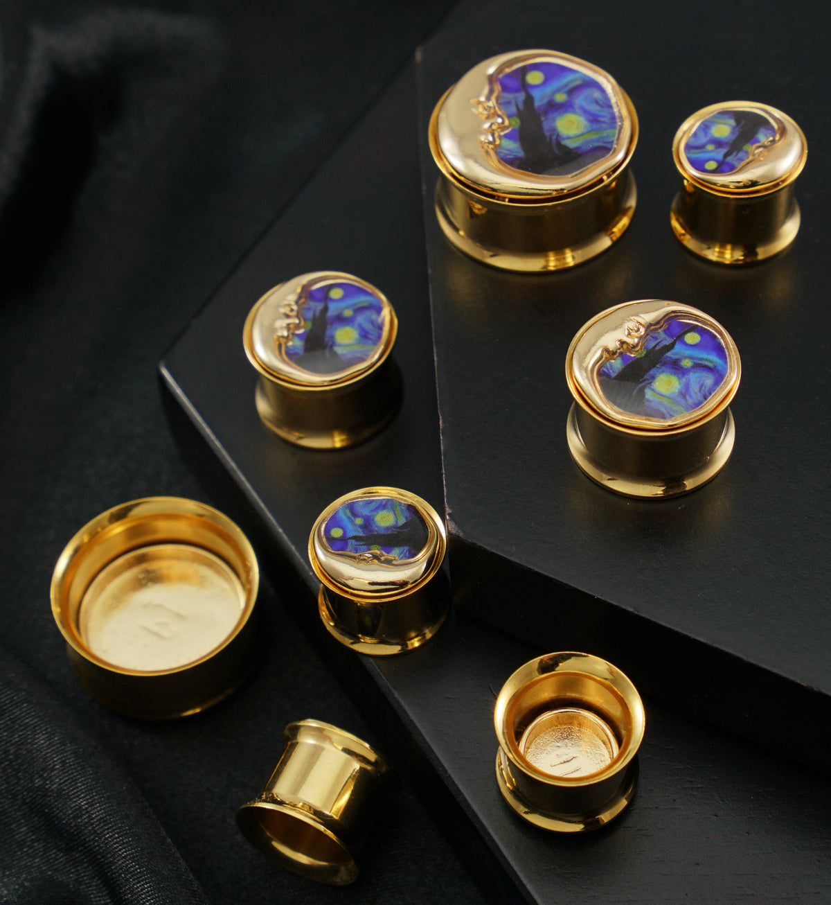 Gold PVD Starry Night Crescent Moon Stainless Steel Double Flare Tunnel Plugs