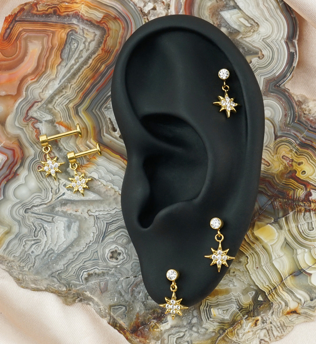 Gold PVD Sunshine CZ Dangle Internally Threaded Stainless Steel Labret