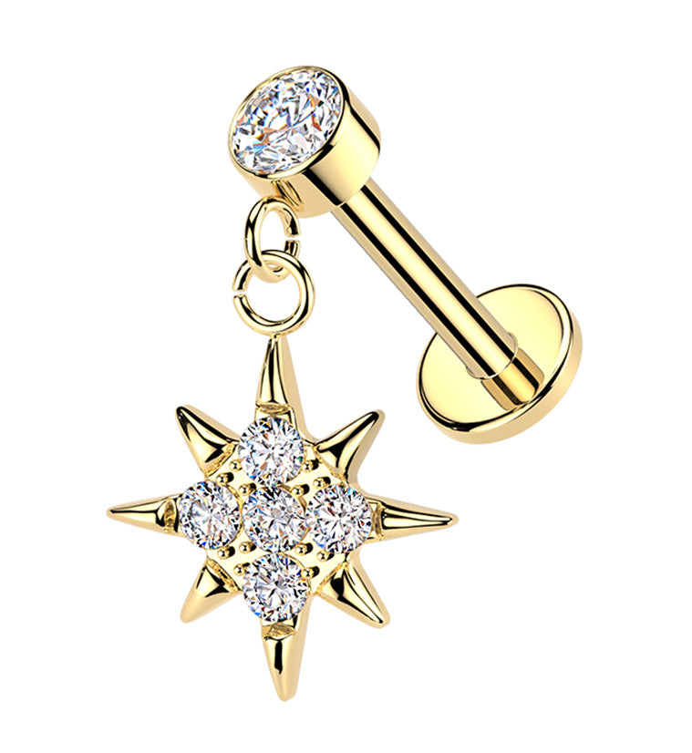 Gold PVD Sunshine CZ Dangle Internally Threaded Stainless Steel Labret