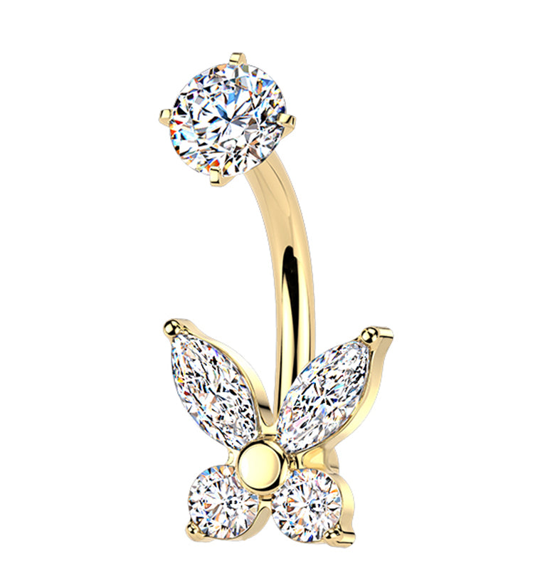 Gold PVD Swallowtail CZ Stainless Steel Internally Threaded Belly Button Ring