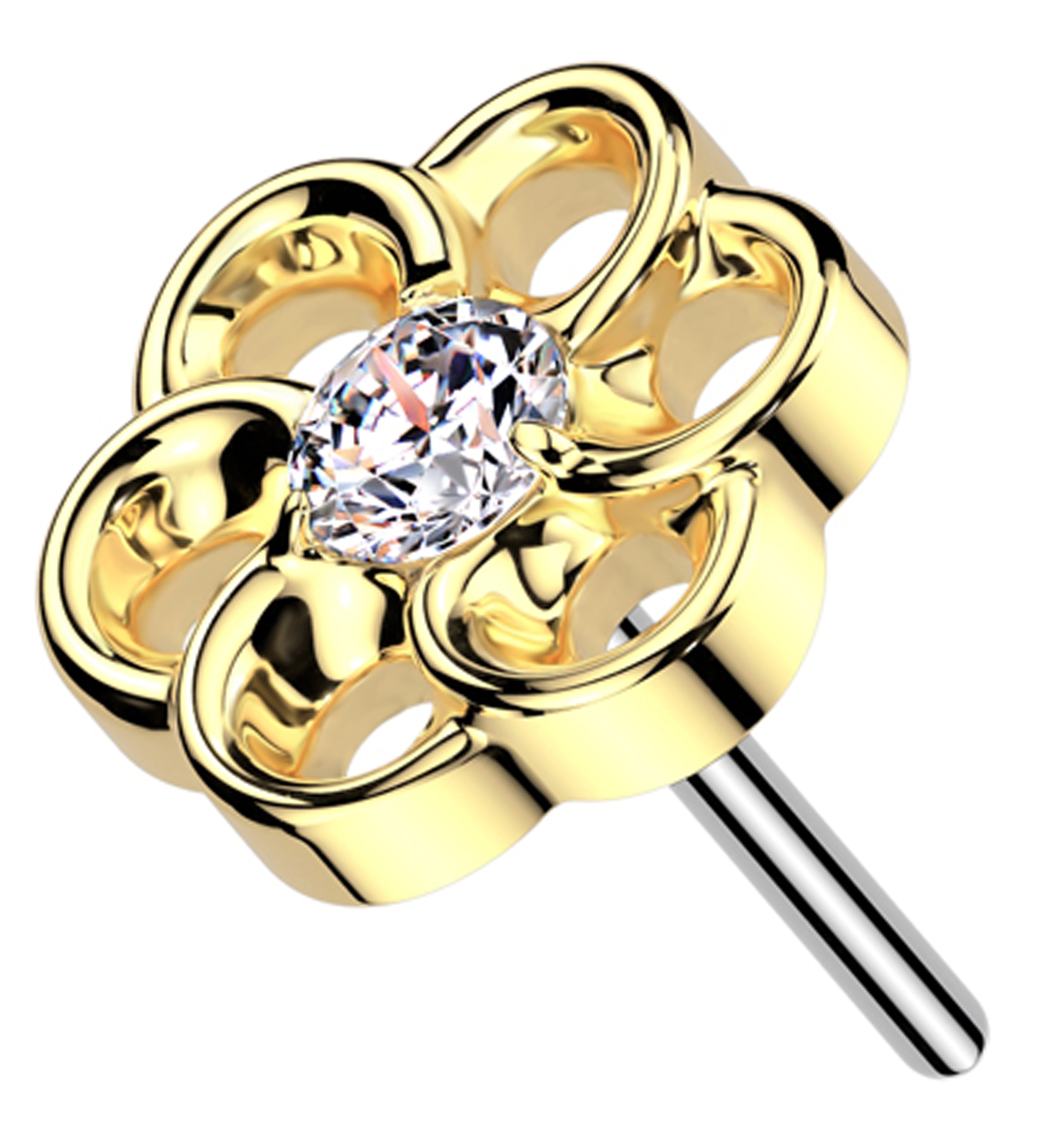 Gold PVD Swirling Flower Clear CZ Threadless Titanium Top