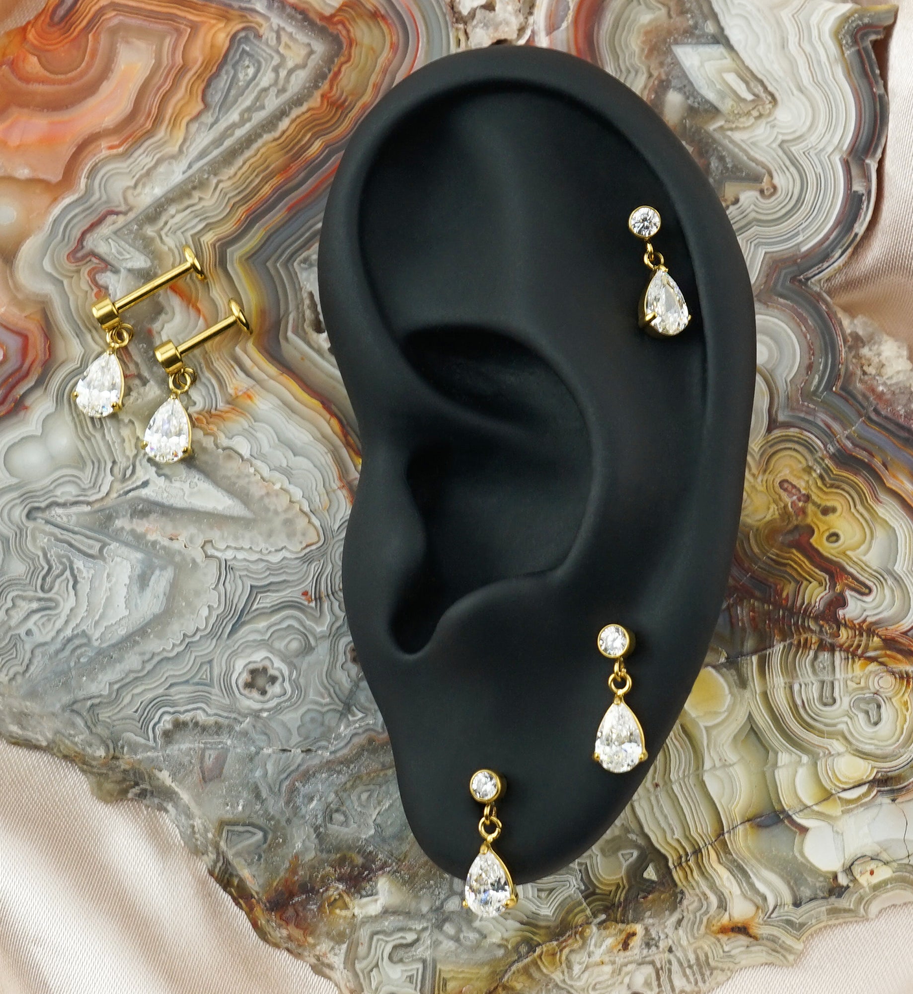 Gold PVD Teardrop CZ Dangle Internally Threaded Stainless Steel Labret