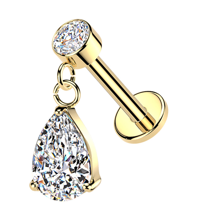 Gold PVD Teardrop CZ Dangle Internally Threaded Stainless Steel Labret
