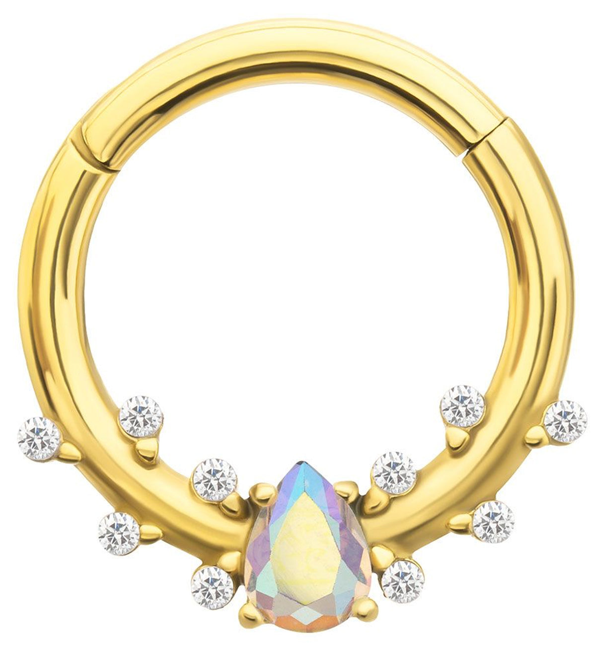 Gold PVD Teardrop Rainbow Aurora And Clear CZ Stainless Steel Hinged Segment Ring