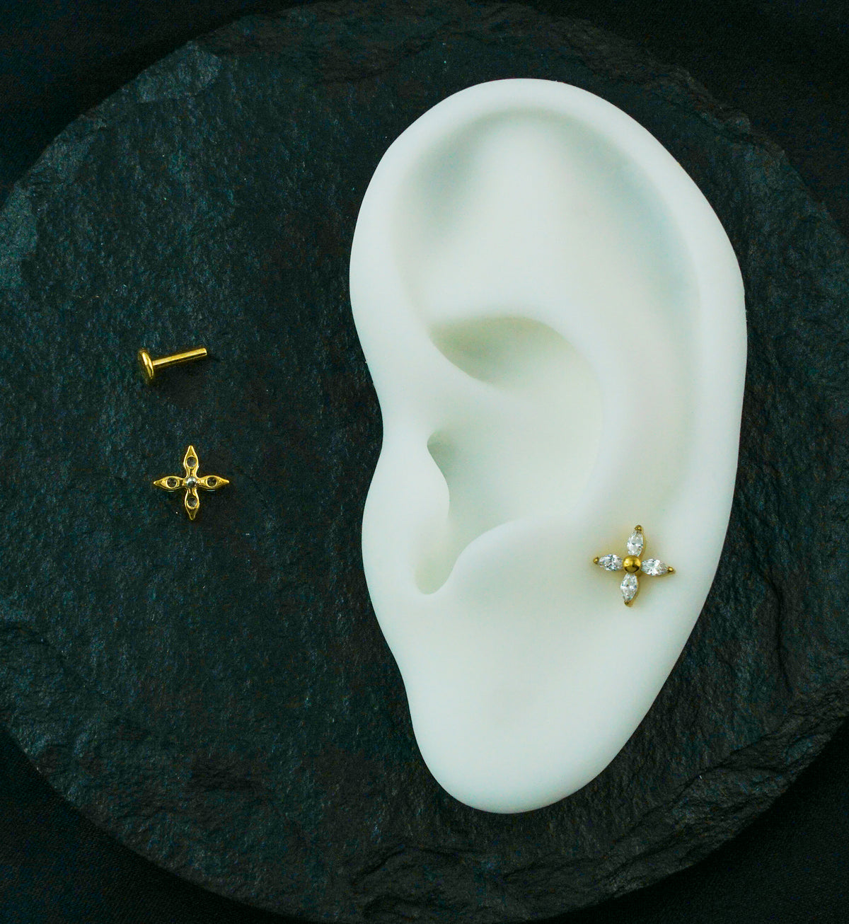 Gold PVD Tetrad Marquise Clear CZ Internally Threaded Titanium Labret