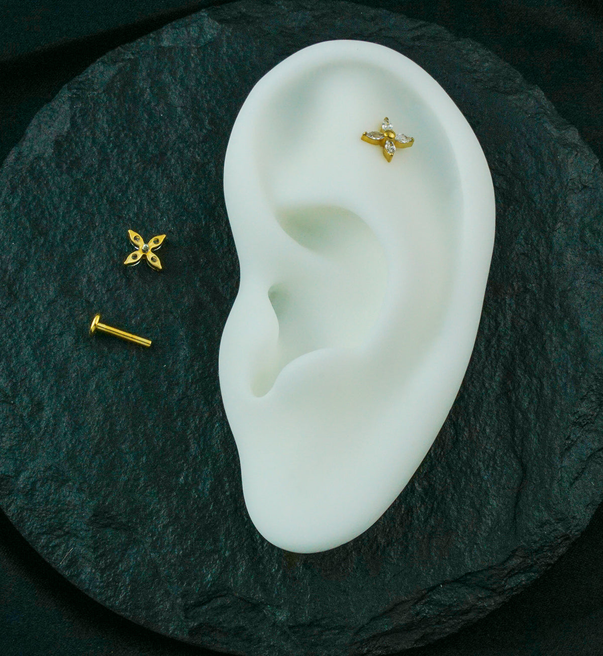 Gold PVD Tetrad Marquise Clear CZ Internally Threaded Titanium Labret