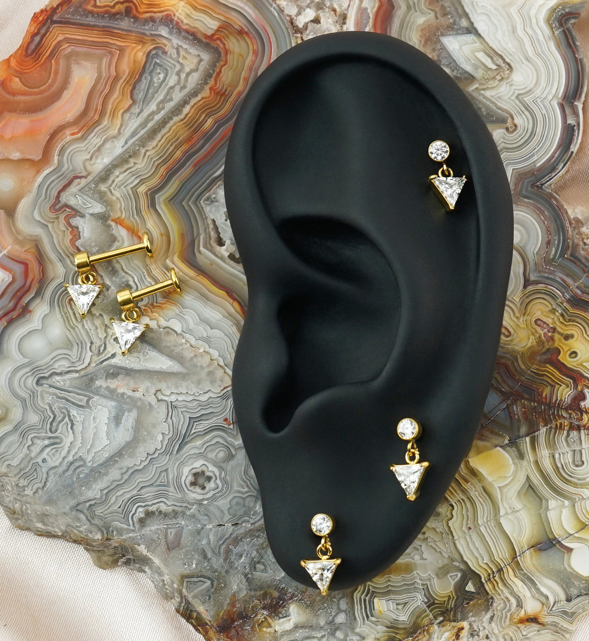 Gold PVD Triangle CZ Dangle Internally Threaded Stainless Steel Labret