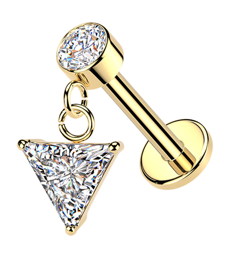 Gold PVD Triangle CZ Dangle Internally Threaded Stainless Steel Labret