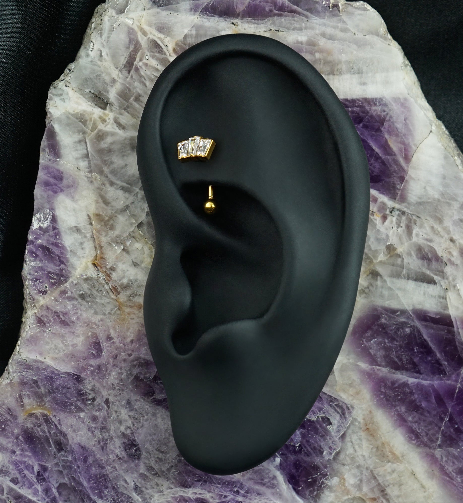 Gold PVD Trinal CZ Titanium Threadless Curved Barbell