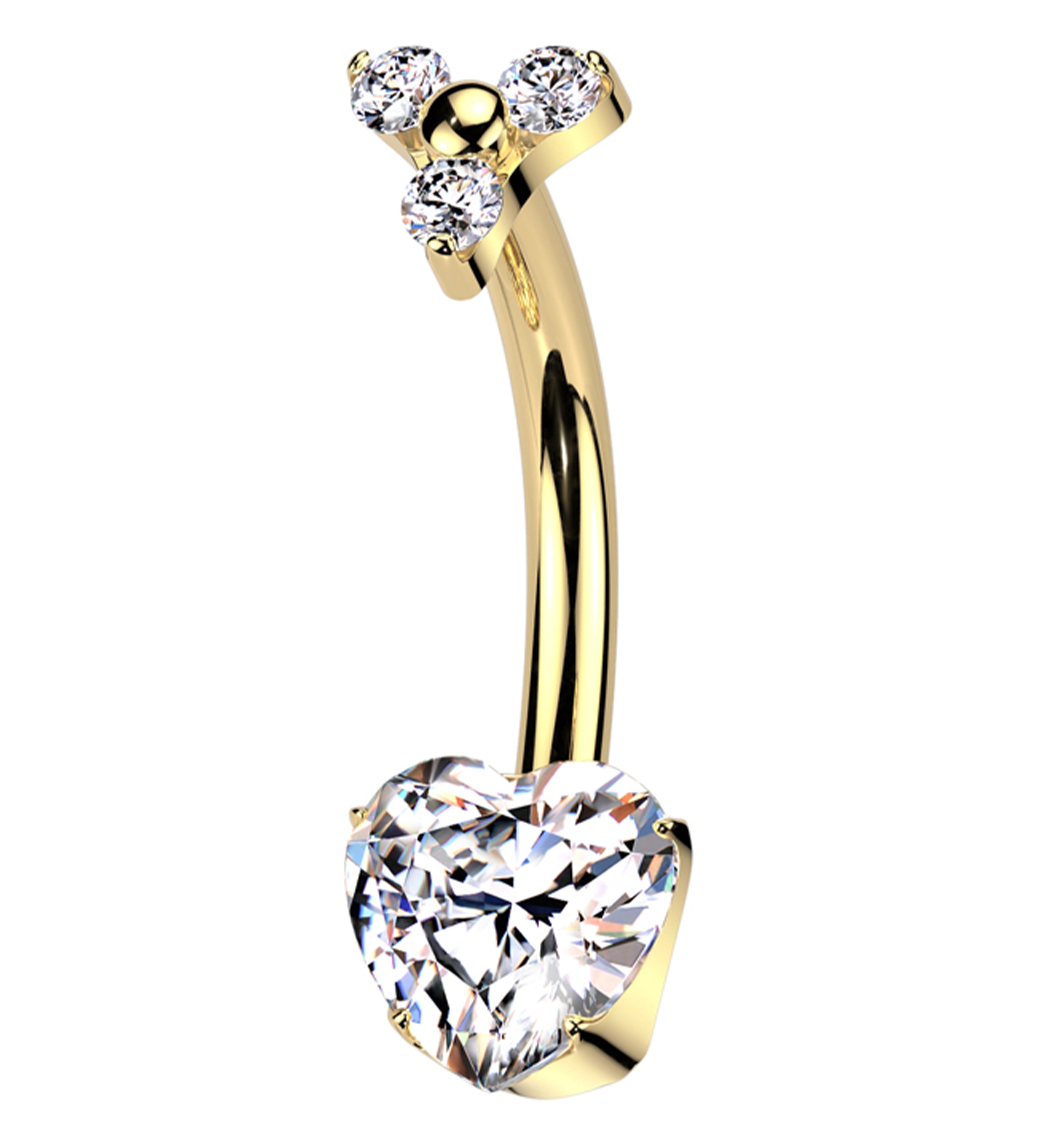 Gold PVD Trinity Heart Clear CZ Titanium Internally Threaded Belly Button Ring