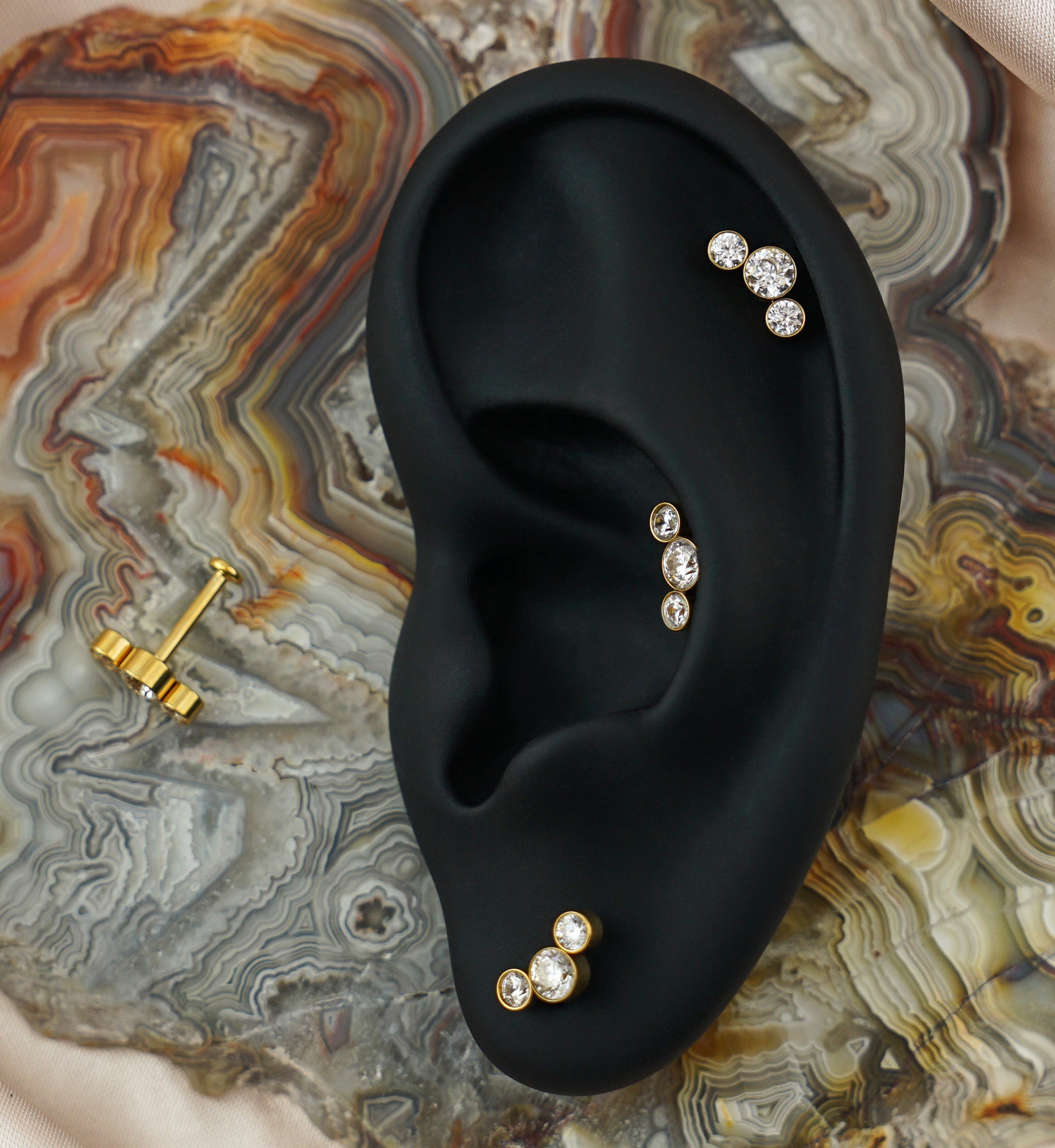 Gold PVD Triple Clear CZ Titanium Threadless Labret