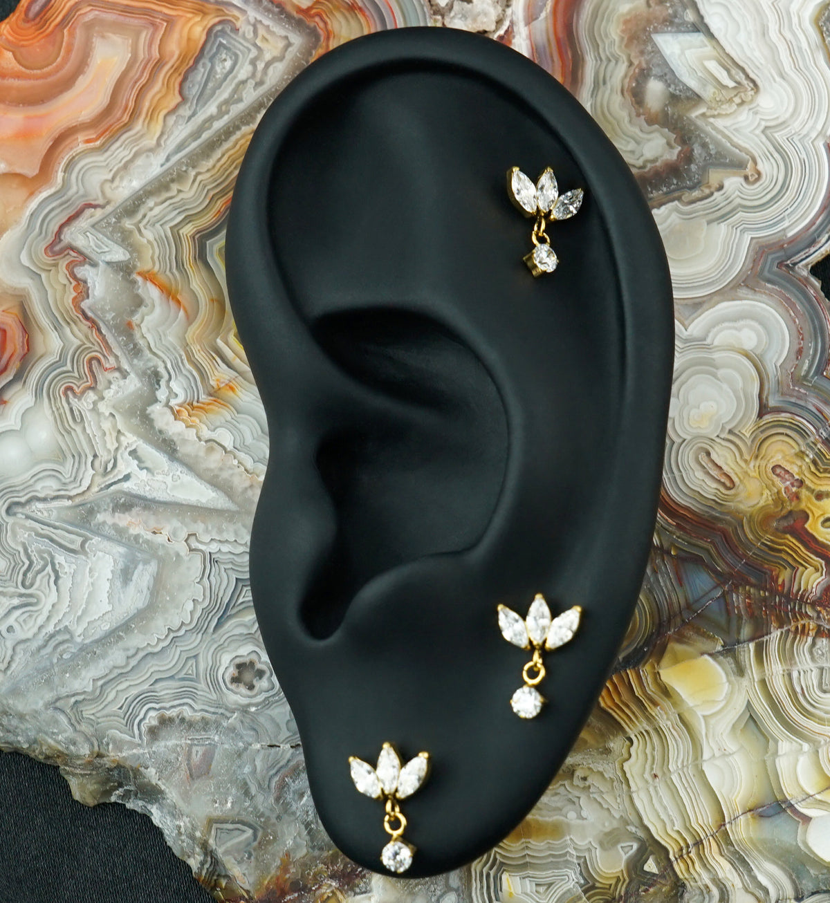 Gold PVD Triple Empress CZ Dangle Titanium Threadless Top