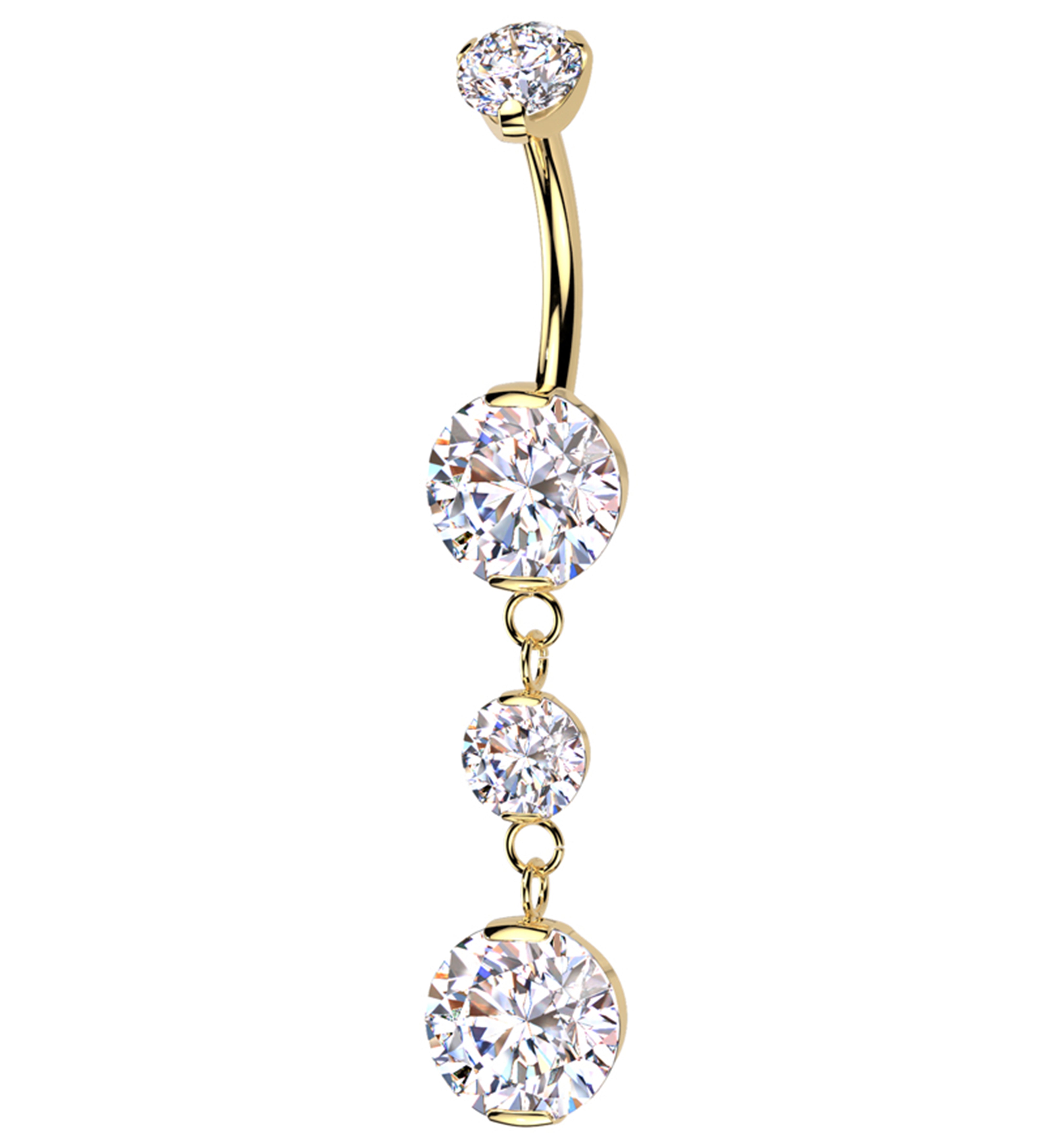Gold PVD Triple Prong Clear CZ Dangle Titanium Internally Threaded Belly Button Ring