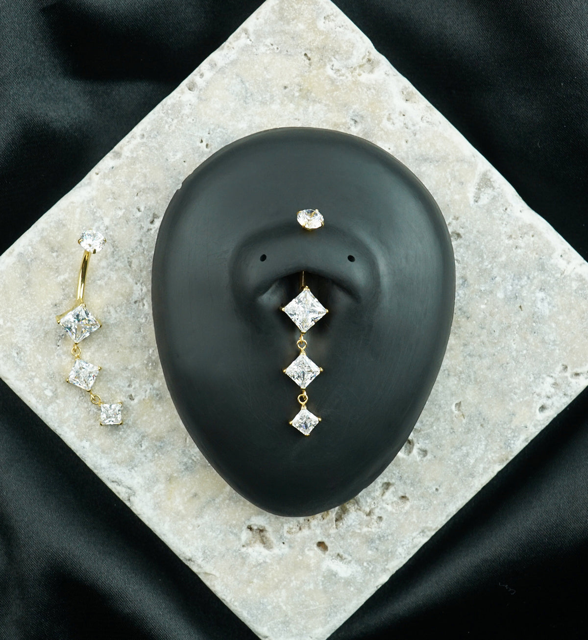 Gold PVD Triple Rhombus Clear CZ Dangle Titanium Internally Threaded Belly Button Ring