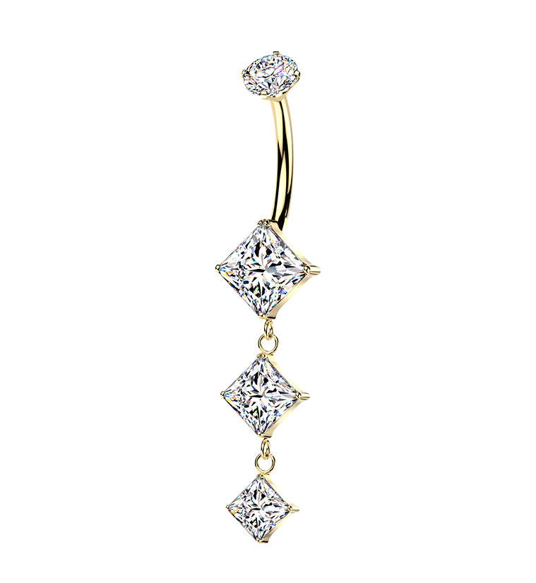 Gold PVD Triple Rhombus Clear CZ Dangle Titanium Internally Threaded Belly Button Ring