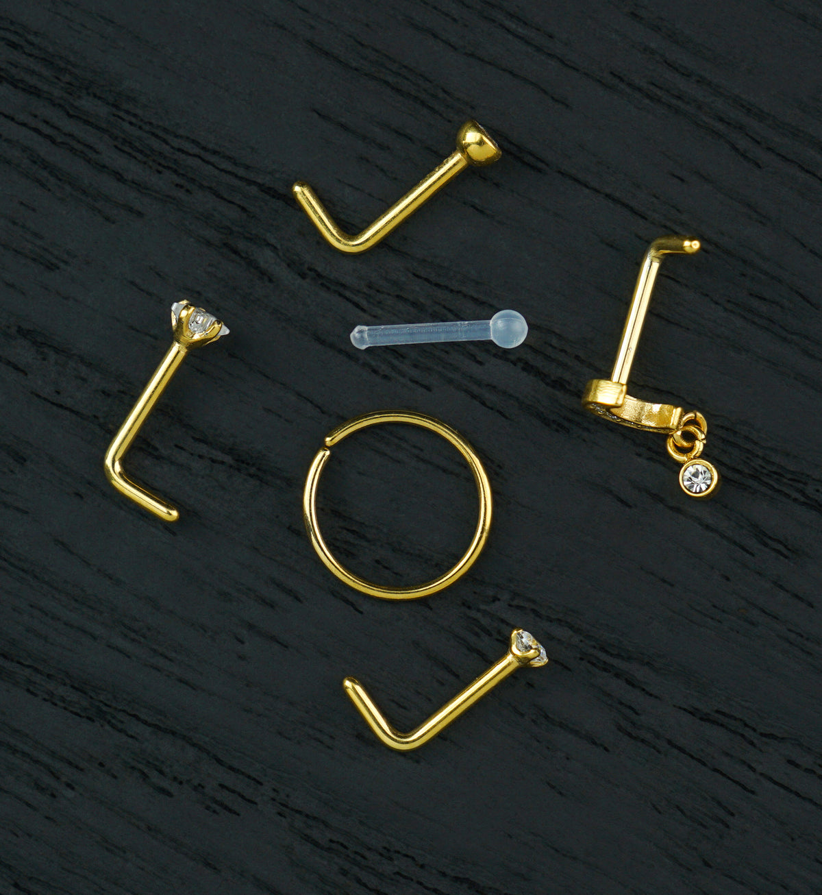 Gold PVD Twilight Dangle Clear CZ Stainless Steel L Bend/Stud/Hoop Variety Pack (6 Pack)
