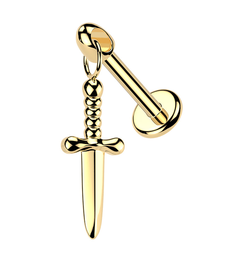 Gold PVD Twisted Handle Dagger Dangle Cone Top Internally Threaded Titanium Labret