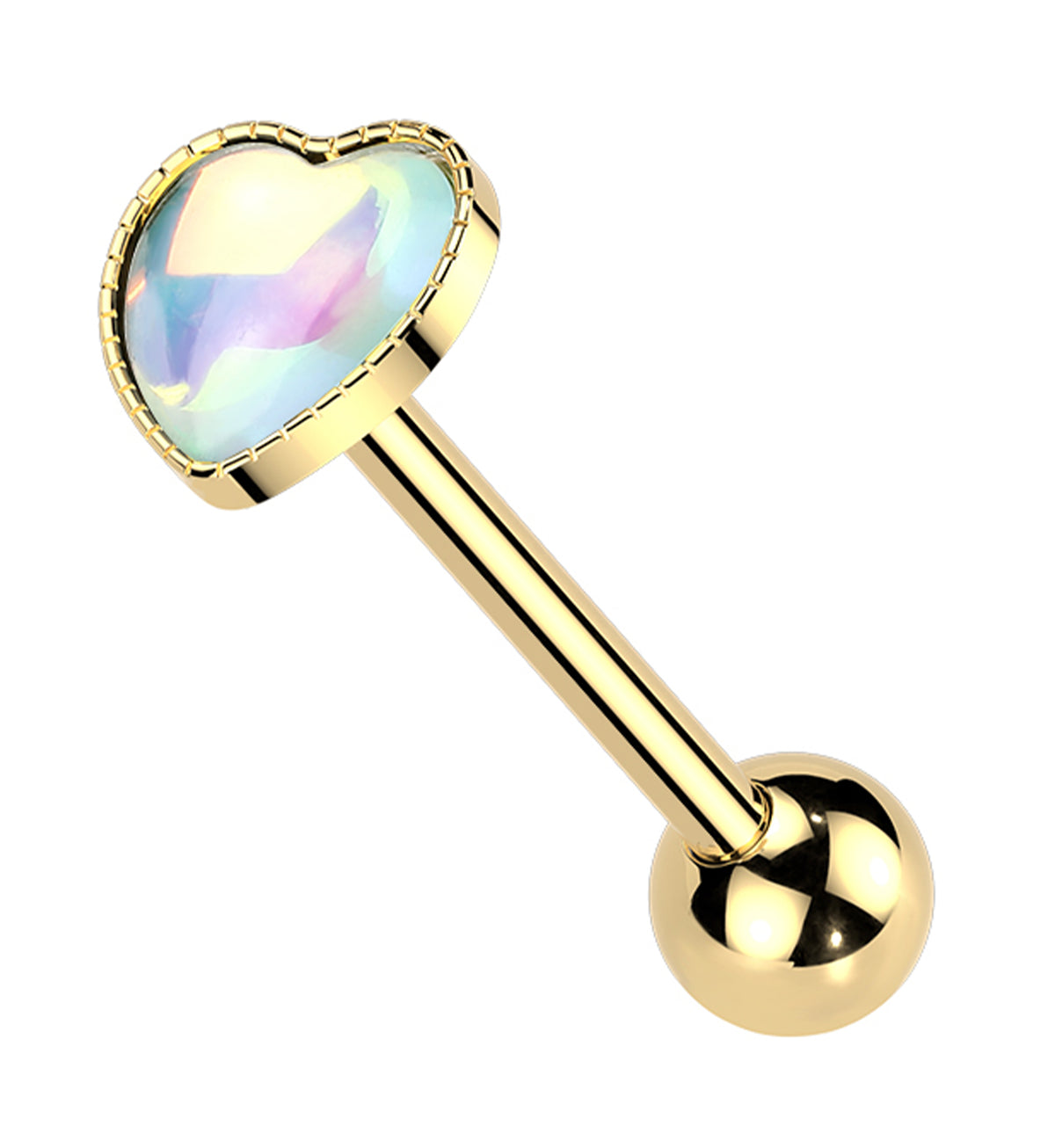 Gold PVD White Iridescent Heart Stainless Steel Barbell by Urban Body Jewelry
