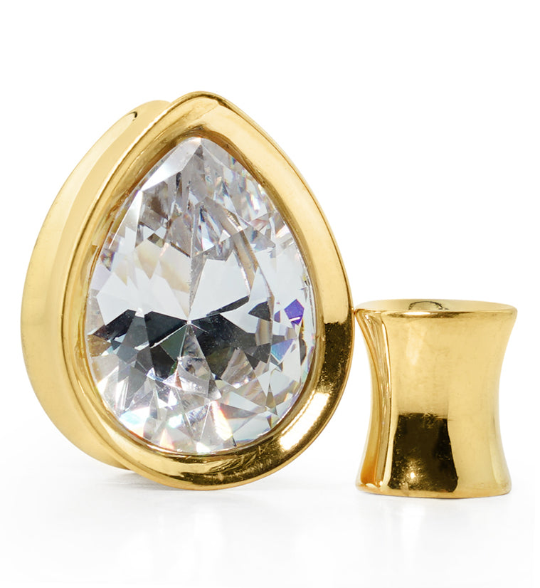 Gold PVD Teardrop Clear CZ Stainless Steel Tunnels